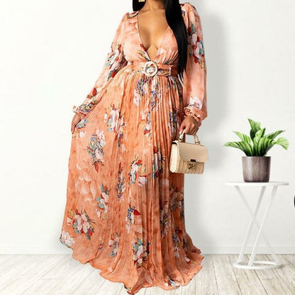 Chiffon Floral Print Pleated Floor Length Maxi Dress