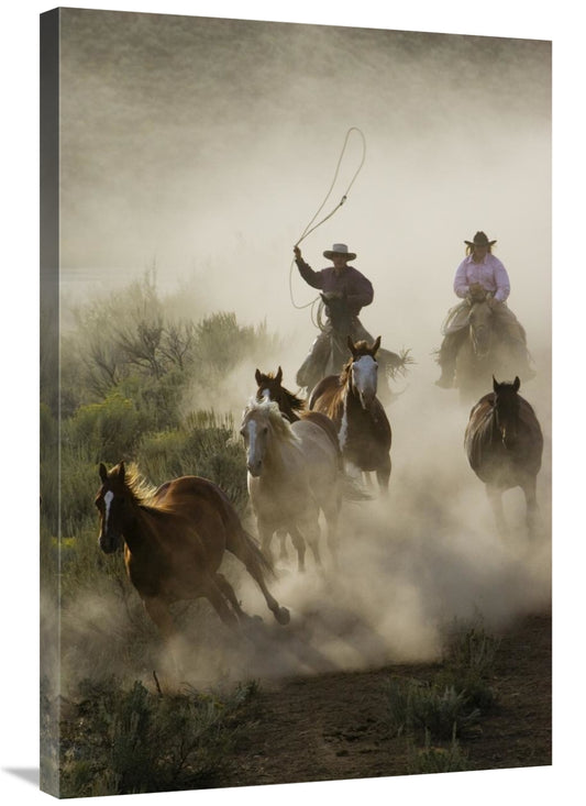 24 x 36 in. Horses Herded by Cowboy & Cowgirl, Oregon Art Print -