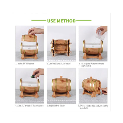Essential Oil Aroma Diffuser - 350ml Barrel Wood Ultrasonic Air Mist