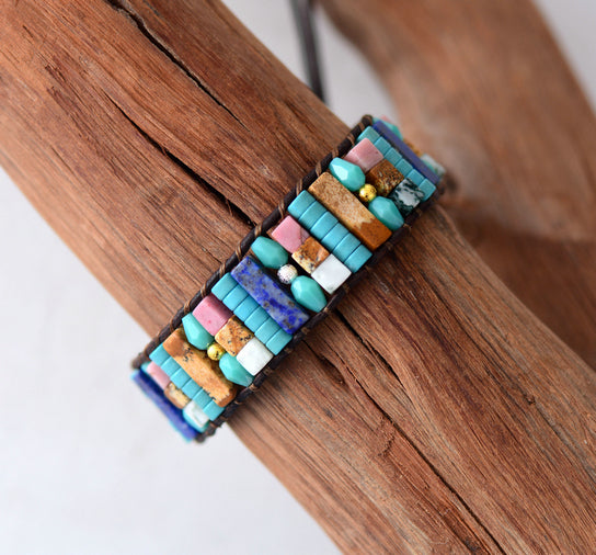 Boho Bracelet Natural Beads Single Leather Wrap