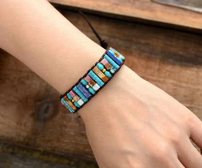 Boho Bracelet Natural Beads Single Leather Wrap