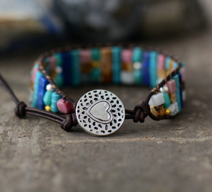 Boho Bracelet Natural Beads Single Leather Wrap