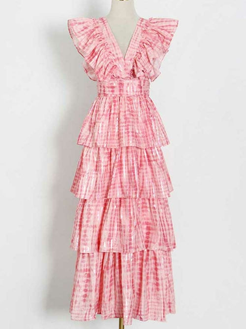 Pink Deep V Neckline Long Dress Tiered Ruffled Summer Dress