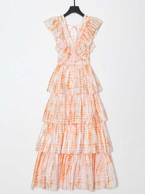 Pink Deep V Neckline Long Dress Tiered Ruffled Summer Dress