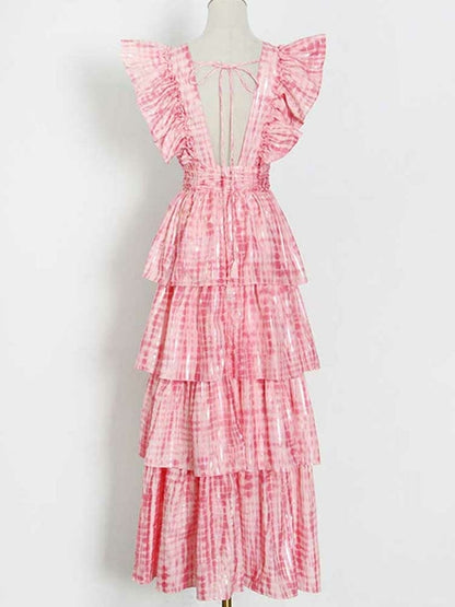Pink Deep V Neckline Long Dress Tiered Ruffled Summer Dress
