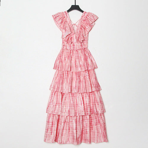 Pink Deep V Neckline Long Dress Tiered Ruffled Summer Dress