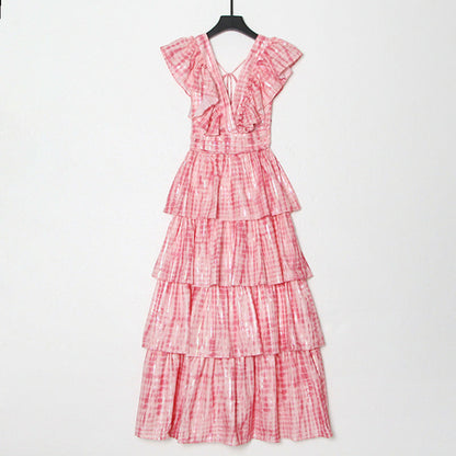 Pink Deep V Neckline Long Dress Tiered Ruffled Summer Dress