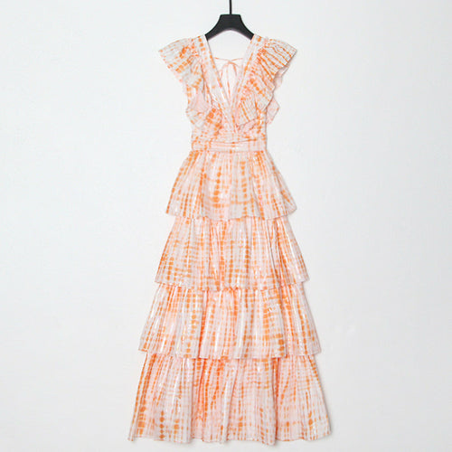 Pink Deep V Neckline Long Dress Tiered Ruffled Summer Dress