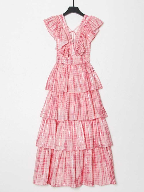 Pink Deep V Neckline Long Dress Tiered Ruffled Summer Dress