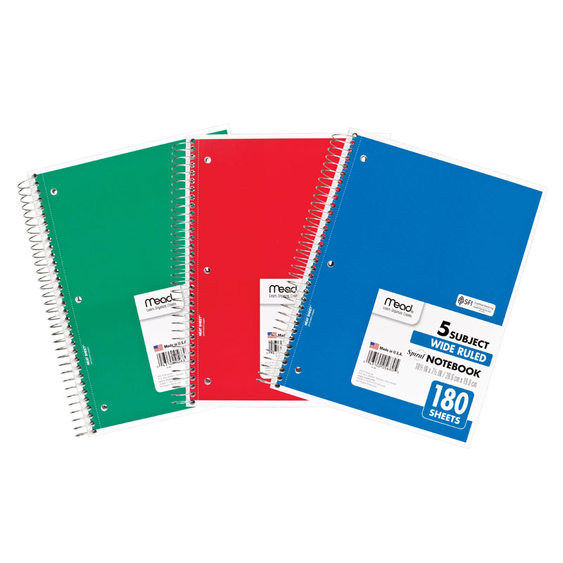 Mead Products MEA05680-3 10.5 x 8 in. Notebook Spiral 5 Subject - 180