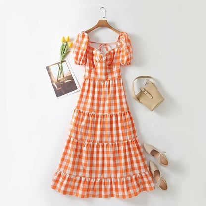 Orange Plaid Long Maxi Dress