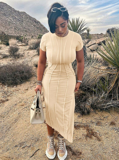 Short Sleeve Patchwork Bodycon Long Dress