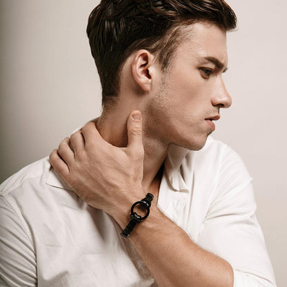 Black/Silver Circle Warp Leather Bracelet