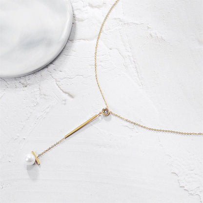 Pearl with Bar Pendant Drop Necklace