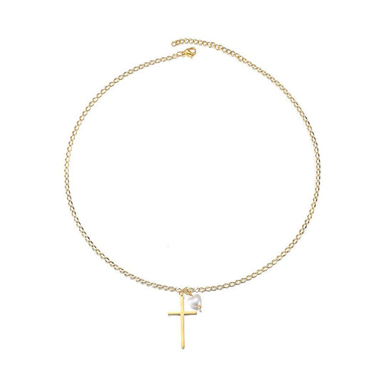 Cross with Love-shaped Pearl Pendant Necklace