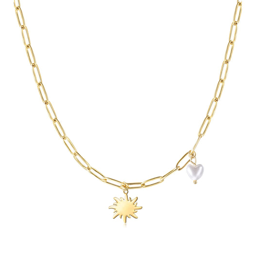 Sun with Heart-shaped Pearl Pendant Necklace