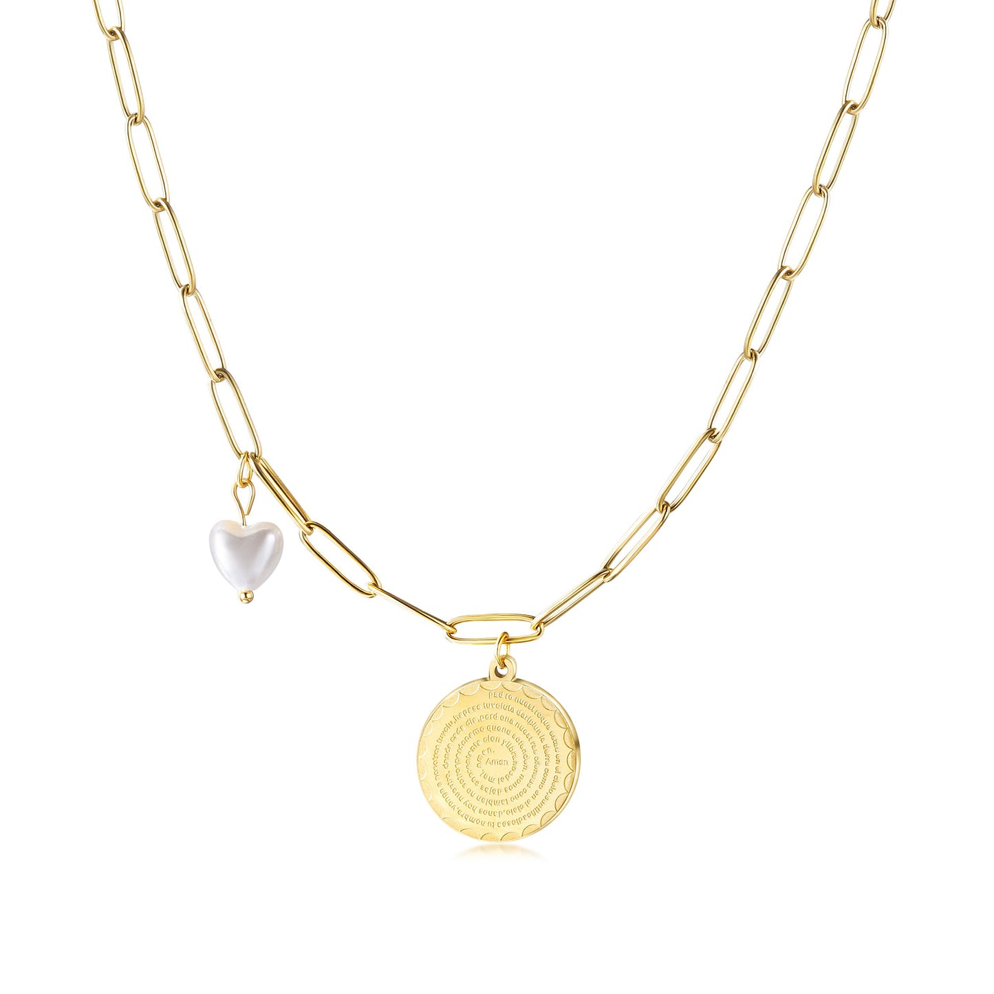 Disc Coin with Love-shaped Pearl Pendant Necklace