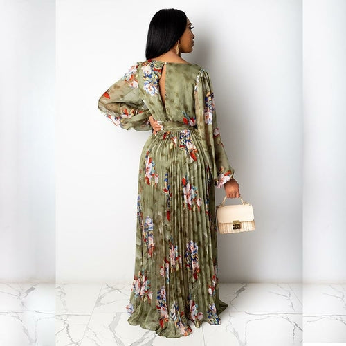 Chiffon Floral Print Pleated Floor Length Maxi Dress