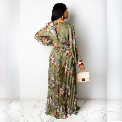 Chiffon Floral Print Pleated Floor Length Maxi Dress