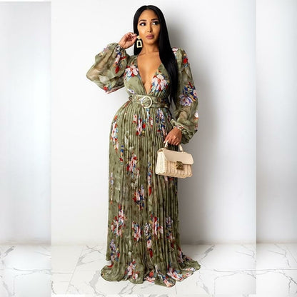 Chiffon Floral Print Pleated Floor Length Maxi Dress