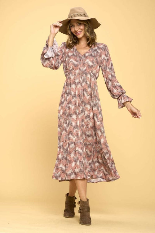 Print V neck Maxi Dress with Ruffle Hem