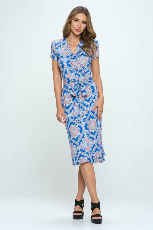Print V neck Dress with Tie