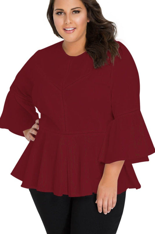 Red Crochet Insert Bell Sleeve Plus Size Blouse