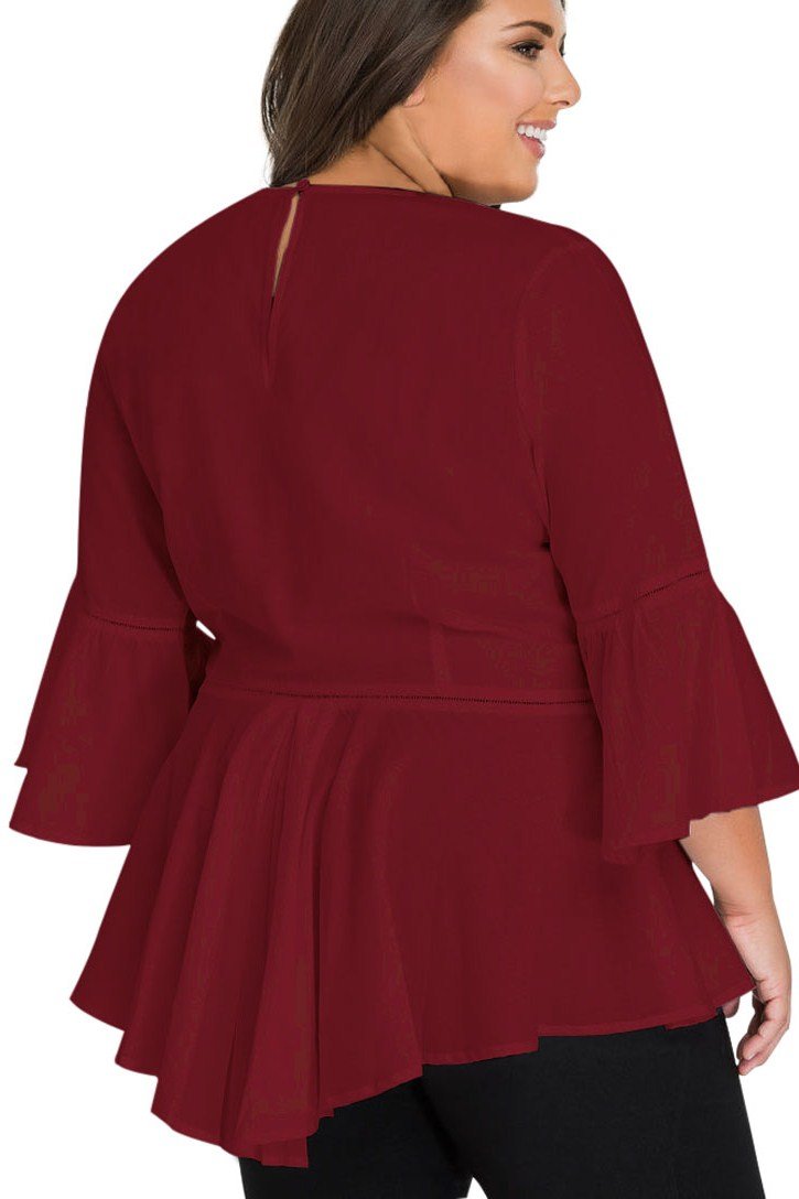 Red Crochet Insert Bell Sleeve Plus Size Blouse