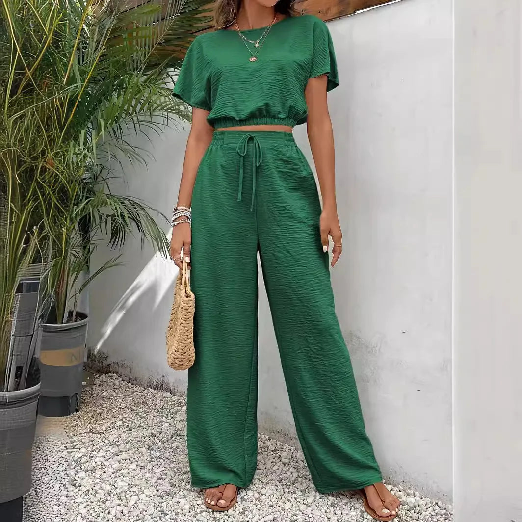 Texture Solid Color Two Piece Suit For Women 2024 Summer Casual O Neck Elasticated Hem Top And Pants Streetwear Sets