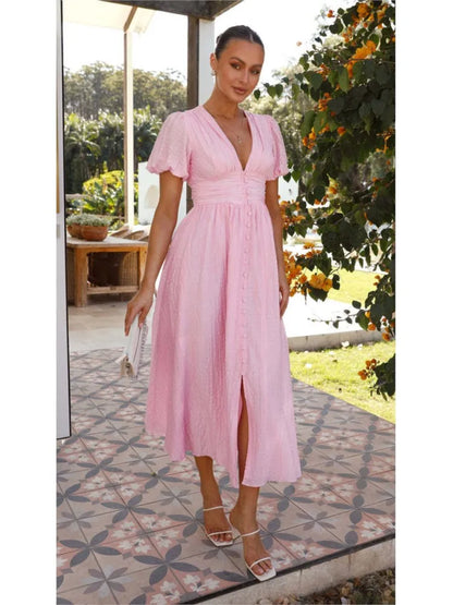 Summer New Fashion Dress Women's Solid V Neck Puff Sleeve Button Office Party Dresses Casual Elegnat Female Clubwear Vestidos
