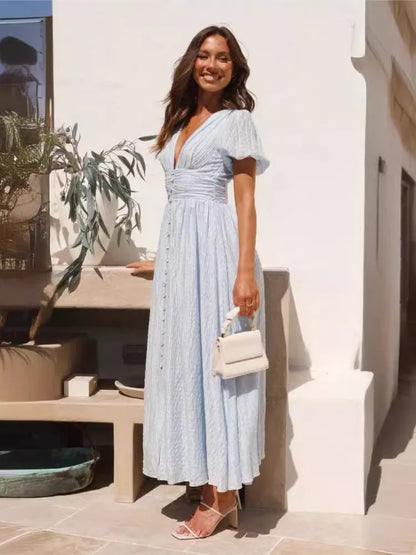 Summer New Fashion Dress Women's Solid V Neck Puff Sleeve Button Office Party Dresses Casual Elegnat Female Clubwear Vestidos