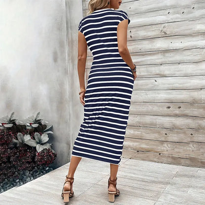 Women's Dress, Elegant Dress, Striped Round Neck Short-sleeved Long Dress, Summer Women's High-end Women's Dress