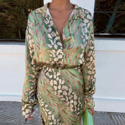 2024 Spring Summer Women Print 2 Piece Sets Outfit Casual Loose Plus Size S-3XL Long Sleeve Shirts Skirt Suit Outfit Streetwear