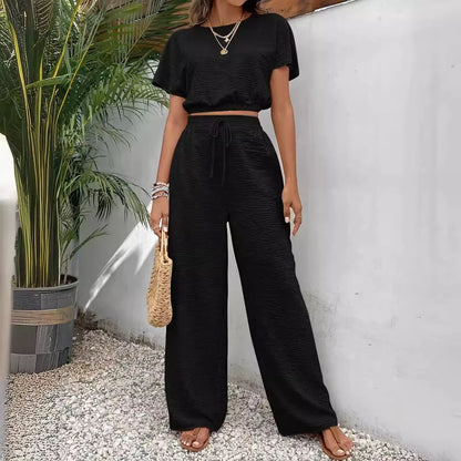 Texture Solid Color Two Piece Suit For Women 2024 Summer Casual O Neck Elasticated Hem Top And Pants Streetwear Sets