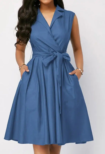 New Fashion 2023 Summer Casual Solid Color Waist Sleeveless Lapel Tie A-Line Commuter Dress Elegant Dresses for Women