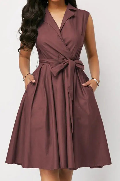 New Fashion 2023 Summer Casual Solid Color Waist Sleeveless Lapel Tie A-Line Commuter Dress Elegant Dresses for Women