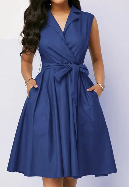 New Fashion 2023 Summer Casual Solid Color Waist Sleeveless Lapel Tie A-Line Commuter Dress Elegant Dresses for Women