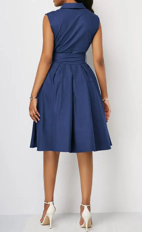 New Fashion 2023 Summer Casual Solid Color Waist Sleeveless Lapel Tie A-Line Commuter Dress Elegant Dresses for Women