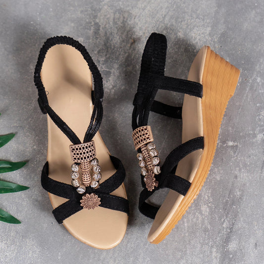 Women Sandals Solid Color Wedge Sandals  New Ankle Buckle Non Slip