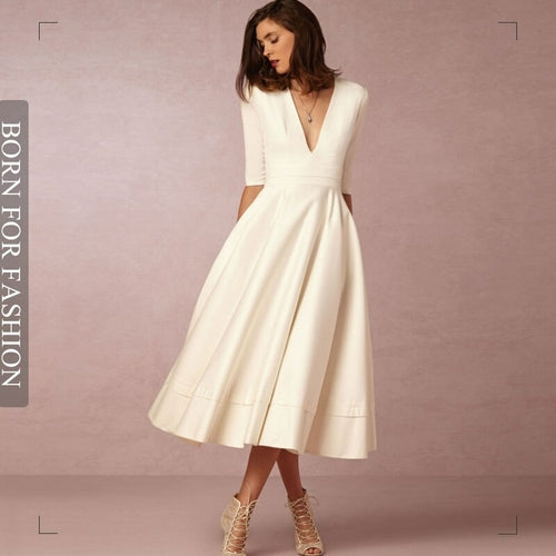 Deep V Medium Sleeve Swing Dress