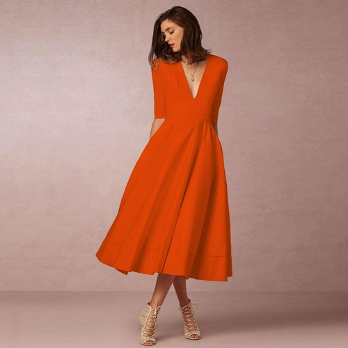 Deep V Medium Sleeve Swing Dress