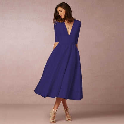 Deep V Medium Sleeve Swing Dress