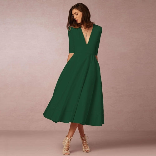 Deep V Medium Sleeve Swing Dress
