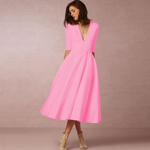 Deep V Medium Sleeve Swing Dress
