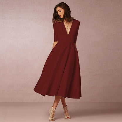 Deep V Medium Sleeve Swing Dress