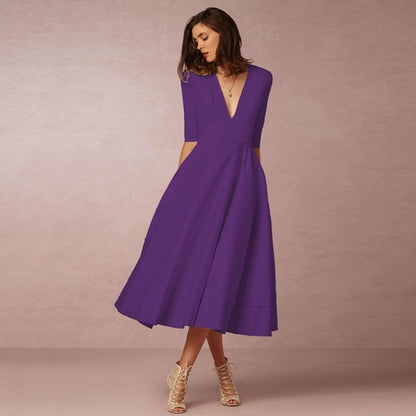 Deep V Medium Sleeve Swing Dress