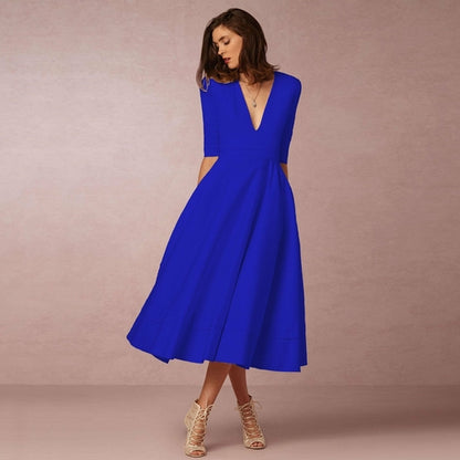 Deep V Medium Sleeve Swing Dress
