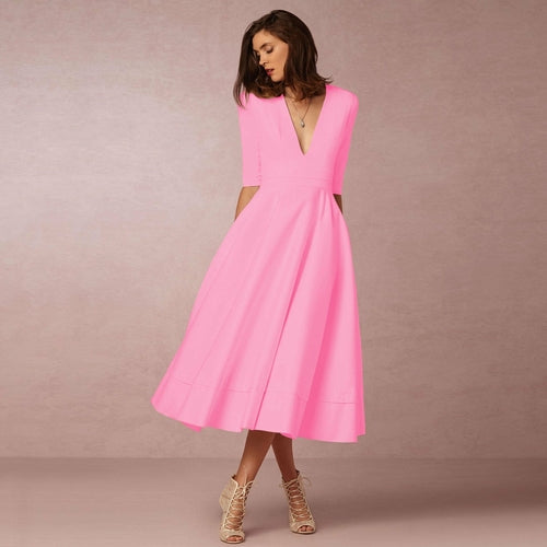Deep V Medium Sleeve Swing Dress