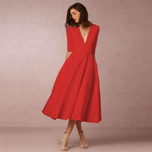 Deep V Medium Sleeve Swing Dress