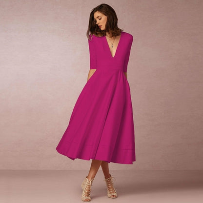 Deep V Medium Sleeve Swing Dress